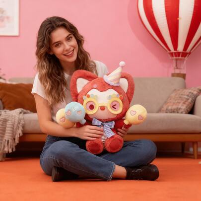MINISO Ali The Fox Party Plush Toy Cute Soft Adorable Red Fox Stuffed Animal Doll With Party Hat & Balloons Home Sofa Ornament Christmas Birthday Gift