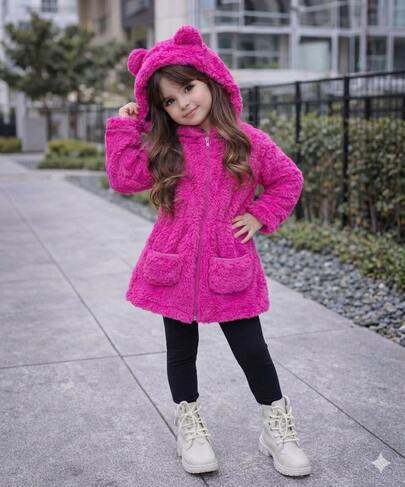 CASACO TEDDY INFANTIL COM CAPUZ DE ORELINHA