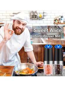 重力式电动研磨器，自动重力式电动盐和胡椒研磨器套装，电池供电，带LED灯，单手操作 - 研磨粗细可调，带调料罐，黑色，厨房小工具礼品 - 彩色 - 查看 2