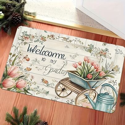 1件装春夏郁金香图案装饰迎宾垫，柔软地毯，可机洗，适用于玄关、浴室、餐厅、客厅、办公室、季节性装饰、节日派对、厨房、浴室、餐厅和卧室