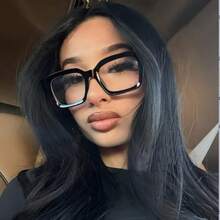 一副女士豹纹波西米亚风PC（聚碳酸酯）方形超大透明眼镜，四季皆宜，适合日常佩戴，透明眼镜配饰，女士专属 - 黑色 - 查看 1