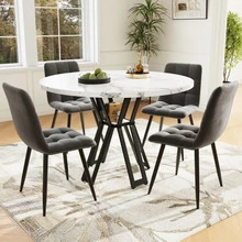 Dining Chair Set (5 Pieces), Dining Chair Set With 4 Chairs, Modern Kitchen Dining Chair Set, Round Table Diameter 100 Cm, Black Table Legs, White Marble Tabletop, Grey Velvet Dining Chair - Grey - View 6