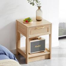 Rattan Side Table With Drawers, Modern Bedside Table, Living Room/Bedroom End Table, Natural Wood Grain Look - H 55 / W 40 / D 40 Cm - Khaki - View 10