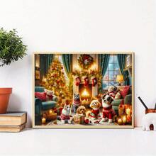 1000pcs Christmas Cats & Dogs Puzzle - Festive Pets Scene With Cozy Fireplace & Tree, Vibrant Holiday Art For & Families, Interactive Brain Teaser Game, DIY Home Decor Gift, Cat Christmas Decorations, Family Activity, Warm Atmosphere, Durable - 500個-14.96x20.47英寸 - 查看 4