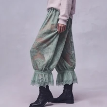 Y2K Coquette Sheer Floral Lace Bloomer Pants Ruffle Trim Wide Leg Pettipants - 天藍色 - 查看 2