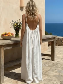 Women's Spaghetti Strap Beach Maxi Dress - Open Back Loose Flowy Vacation Sundress For Summer - 白色 - 查看 1