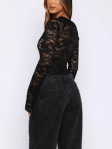 Y2K Womens Lace Cut Out Top Bell Sleeve Sheer See Slim Fit Top Shirt Party Club Night Out Streetwear - Black - View 6