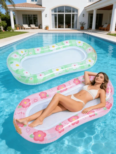 1件装充气漂浮躺椅，带花卉图案，含头枕，PVC材质，适用于水上、沙滩、泳池、主题派对等场合，可用作充气水上漂浮物、水上休息床、泳池漂浮配件，需另购气泵。