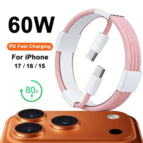 60W USB-C Data Cable & Charger, Compatible With IPhone 17, USB-C To USB-C Fast Charging Cable For IPhone 17/16/15/15 Pro/15 Pro Max/15 Plus, Pro And Air 5, Galaxy S25/S24/S23, Suitable For Office Desk, Car Accessories And Travel