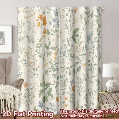 2 pièces Rideaux d'art imprimés 2D modernes, motif floral et feuillage orange, avec passants pour tringle, en polyester. Parfaits pour les chambres, dortoirs, fenêtres rondes et la décoration d'intérieur