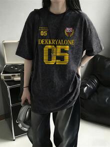 女款 Blockcore 寬鬆版型足球圖案 T-shirt，酸洗炭灰色復古街頭風大尺寸上衣，休閒黑色夏季款 - 黑色 - 查看 3