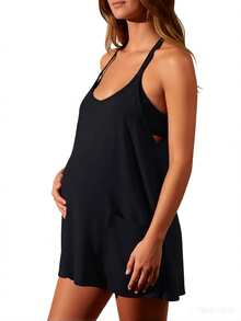 Maternity Womens Athletic Sleeveless Mini Dress Hot Shot Casual Dresses Spaghetti Strap Nursing Dresses Built In Shorts - 黑色 - 查看 3