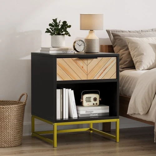 Modern Bedside Table With A Drawer And An Open Compartment For The Living Room, Bedroom And Hallway, Dimensions 43 X 40 X 55 Cm, Set Of 1 - 黑色 - 查看 1