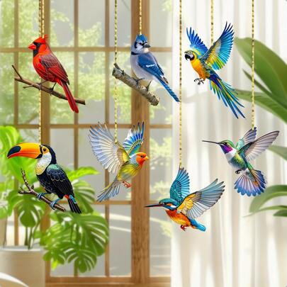 7 Stücke/Set 2D Acryl Vogel Hängedekoration, bunte Glasoptik Outdoor Garten Dekoration, inklusive Tukan, Rotkehlchen, Windspiel, Kolibri, Papagei, Blaukrähe, Multifunktionale Dekoration für Zuhause und Partys, ohne Strombedarf