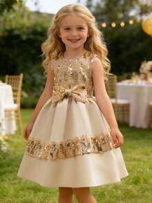 EHOMKIDS Đầm dự tiệc đính sequin lấp lánh cho bé gái, trẻ mới biết đi và bé gái nhỏ - Rượu sâm banh - Xem 3