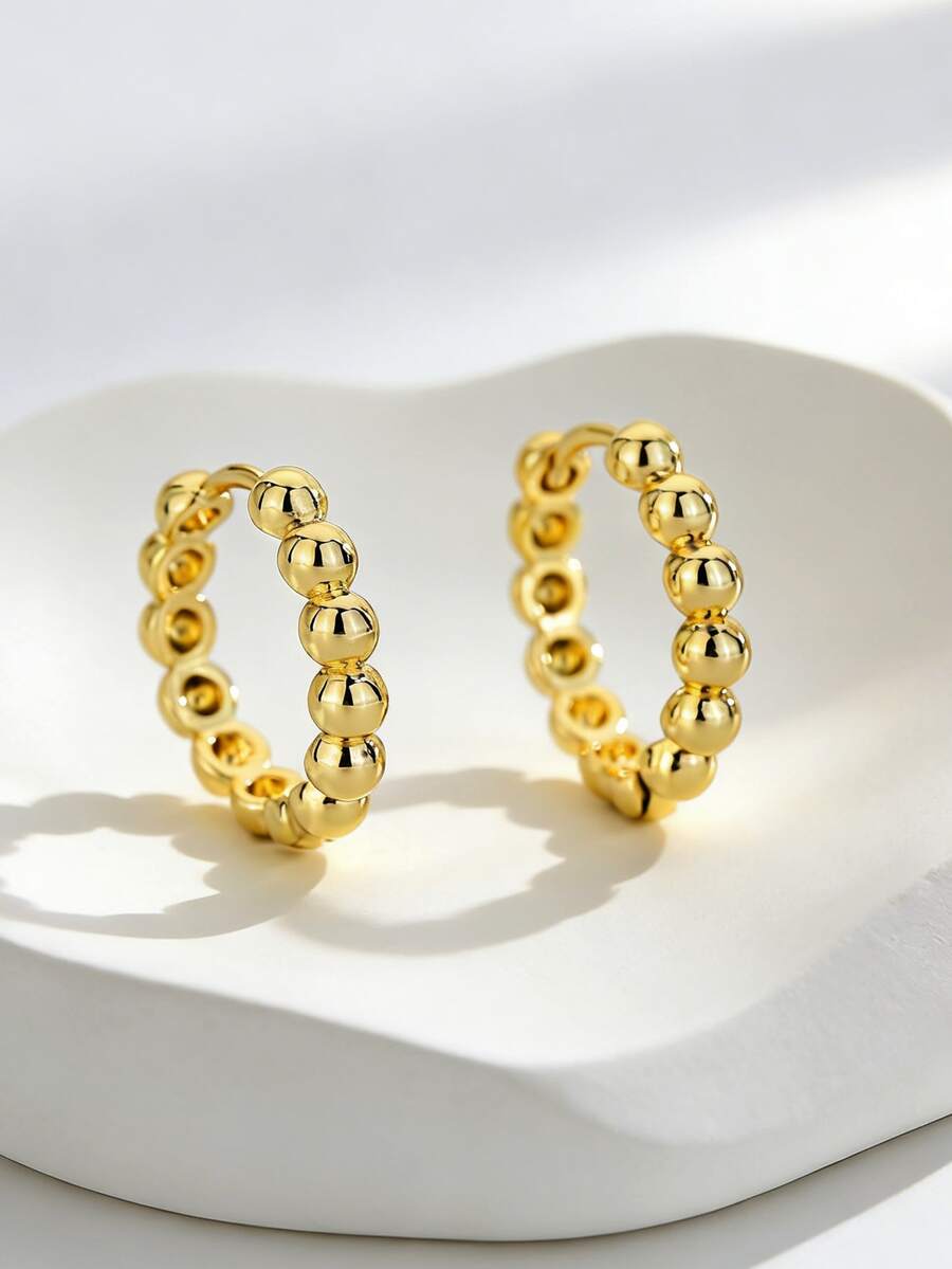 Charm-In Gold Plated Beaded Huggie Earrings Minimalist Ball Hoop Jewelry For Women Daily Wear - Gold - View 1