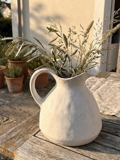 A Rustic White Ceramic Vase, A Perfect Addition To Any Home Decor; A Vintage Farmhouse-Style Terracotta Pot, Beautiful In Texture, A Large Vintage Ceramic Piece With A Handle, Suitable As A Table Setting Or Garden Decoration.