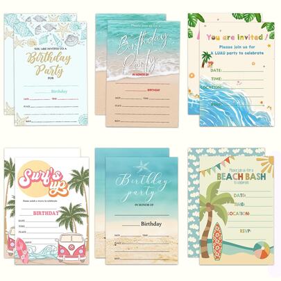 12 thiệp mời sinh nhật chủ đề bãi biển nhiệt đới, mùa hè lướt sóng ở Hawaii, thiệp có thể điền thông tin với hình vỏ sò, cây cọ, họa tiết xe hơi cổ điển, phù hợp cho tiệc bãi biển, tiệc theo chủ đề Hawaii và các lễ kỷ niệm mùa hè.