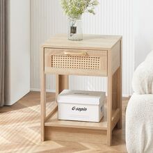 Rattan Side Table With Drawers, Modern Bedside Table, Living Room/Bedroom End Table, Natural Wood Grain Look - H 55 / W 40 / D 40 Cm - Khaki - View 6