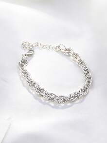 1 pieza Pulsera minimalista brillante de acero inoxidable con cadena grabada de estilo hip-hop personalizada, adecuada para el uso diario de los hombres - Plateado - Ver 1