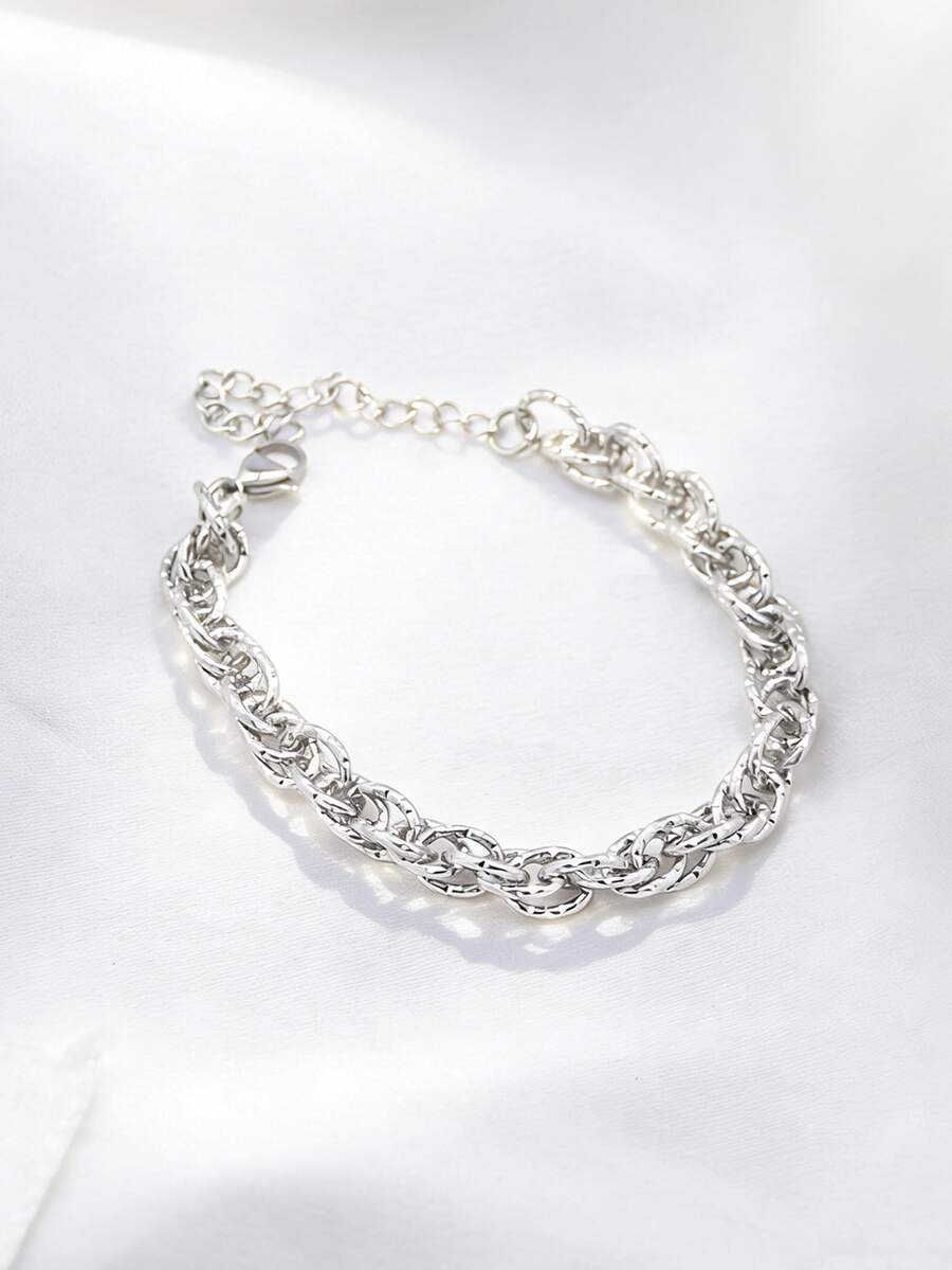 1 pieza Pulsera minimalista brillante de acero inoxidable con cadena grabada de estilo hip-hop personalizada, adecuada para el uso diario de los hombres - Plateado - Ver 1