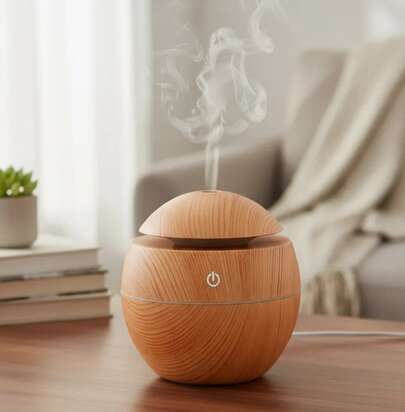 Humidificador Difusor de Aromas Ultrasónico Esfera Efecto Madera Luz LED USB Silencioso Portátil Purificador de Aire Aromaterapia Decoración Hogar Oficina Dormitorio Relajación