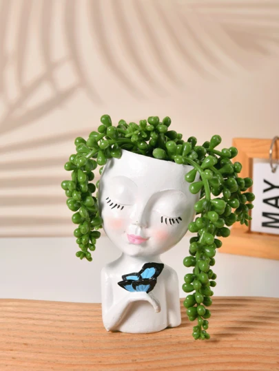 Medium-Sized Face-Shaped Flower Pot, Unique Kissing Face Flower Pot, Suitable For Indoor And Outdoor Plants, Resin Face Flower Pot With Drainage Holes, Cute Lady Kissing Flower Pot (White).
