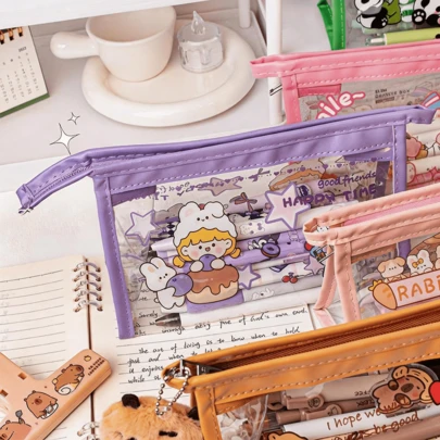 1个可爱卡通水豚大容量铅笔盒，彩色透明收纳袋，韩日学生铅笔盒，桌面收纳包，透明设计方便取用，男女通用铅笔盒，多功能铅笔盒，简约铅笔盒，化妆包，洗漱包，学习用品，办公用品，返校必备