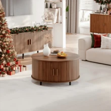 ONBRILL Walnut Round Coffee Table With Storage, 31.5" Coffee Table With 360° Sliding Tambour Door, Fluted Wood Accent Coffee Table With Adjustable Footpads, Mid Century Modern Round Center Table For Living Room - màu nâu - Xem 2