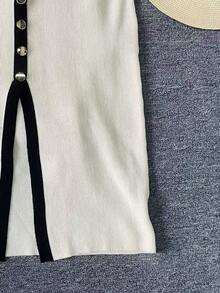 优雅女士针织罗纹长裙，高腰修身无袖时尚派对连衣裙，前襟纽扣设计，适合春、夏、秋季休闲、派对、校园、街头穿着，尽显高贵典雅的气质。 - 香檳色 - 查看 7