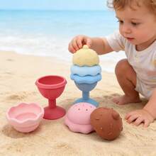 1个冰淇淋造型硅胶婴儿洗澡玩具，带吸盘，可堆叠，硅胶儿童益智过家家浴室玩具，沙滩玩具，感恩节、万圣节、圣诞节礼物 - 彩色 - 查看 8