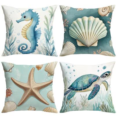 1个/4个方形海马贝壳装饰枕套，家居装饰，适用于客厅、沙发、躺椅，45x45厘米，可机洗