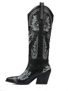 Cowgirl Outfits For Women Boots Pointed Toe Embroidered Thick Heels Festival Shoes Country Concert Botas Largas Para Mujer - màu đen - Xem 9