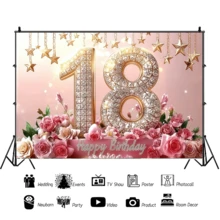1 pièce Toile de fond pour anniversaire, design de fond avec étoiles, fleurs et texte "Joyeux anniversaire 18", impression haute définition sur tissu en polyester, convient pour les fêtes d'anniversaire, les cours, la décoration murale de la maison et les fournitures de fond photographique - A - Voir 6