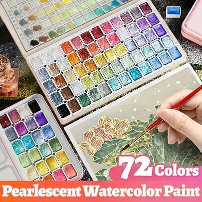 72 Colors Pure Hand-Made Pearl Luster Metal Watercolor Solid Pigment, Portable Bright Watercolor Painting Pigment, Professional Art Purpose School Art