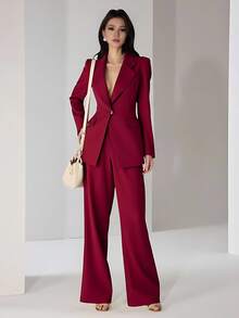 Blazer Set With Lining And Shoulder Pads, And Wide-Leg Trousers With Gold Button Detail. - Màu Đỏ Sâu - Xem 3