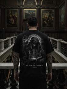 FRACTYR Men's Summer Casual Street Fashion Loose Dark Religion Saint Snake Print Round Neck Short Sleeve T-Shirt - Black - View 2