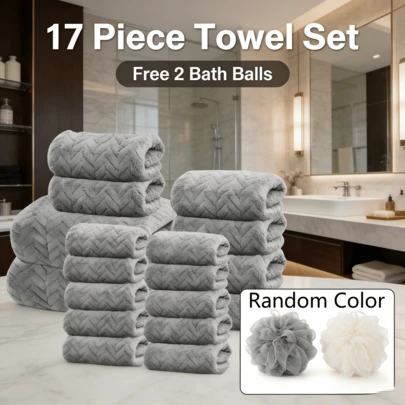 17-Piece Purple Pink/Bean Green/Dark Gray Cotton Towel Set (9 Washcloths + 6 Hand Towels + 2 Bath Towels) Bonus 2 Bath Sponges (Random Color)- Ultra Soft Absorbent, Quick Dry For Bathroom, Hotel & Home Essentials,