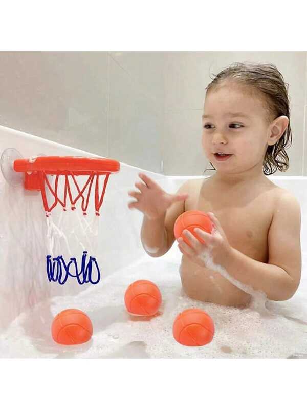1 Set Baby Bath Tub Basketball Hoop Toy, Suction Cup Holder Bathroom Water Play Basketball Shooting Toy, Indoor Mini Basketball Hoop With 3 Balls