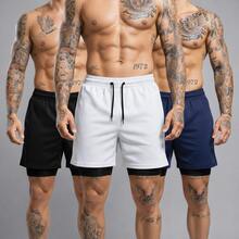 Kit Of 3 Short 2-In-1 Dry Fit Lined Men's Gym Shorts For Running And Training With Elastane - Negro/Blanco/Azul Marino - Ver 1