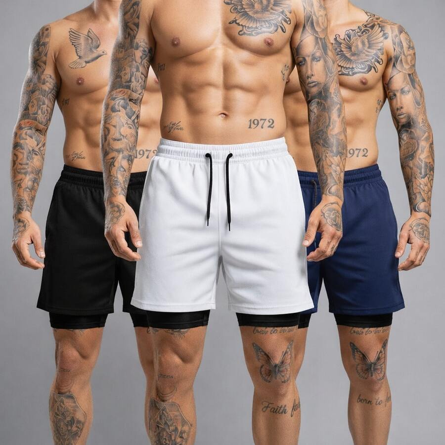 Kit Of 3 Short 2-In-1 Dry Fit Lined Men's Gym Shorts For Running And Training With Elastane - Negro/Blanco/Azul Marino - Ver 1