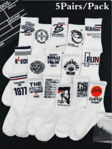 5双随机字母数字印花白色船袜，时尚男女通用运动袜 - 白色 - 查看 4