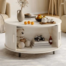 ONBRILL White Round Coffee Table With Storage, 31.5" Coffee Table With 360° Sliding Tambour Door, Fluted Wood Accent Coffee Table With Adjustable Footpads, Mid Century Modern Round Center Table For Living Room - White - View 1