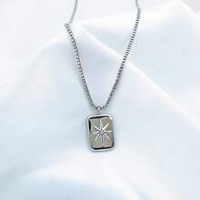 1pc Casual Minimalist Fashionable Versatile Stainless Steel Adjustable Chain Rhinestone Sunburst Square Pendant Necklace For Men - Silver - View 5