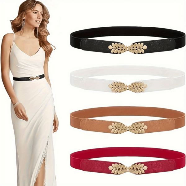 Women's Vintage Elastic Waist Belt, Gold Buckle Waist Cincher, Leaf Buckle Elastic Belt, Hollow Design, Casual Versatile, Multiple Color Options, Easy To Put On And Take Off, Suitable For Dresses And Coats, Hand Washable - Suitable For Casual, Beach, Party, Wedding And Other Occasions, Best Gift For Women On Christmas, New Year, Thanksgiving, New Year, Valentine's Day, Birthday