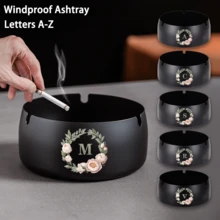 Portable Stainless Steel Ashtray Anti-Scalding Cigarette Holder Desktop Round Ashtray Rose Gold Initial Letter Pattern Windproof Ash Tray For Smoking Office Home Decoration Ash Tray Holder - Black - View 11