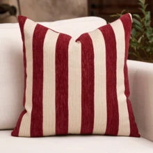 1 peça/2 peças Capa de Almofada Decorativa em Chenille com Listras Bege e Vermelhas, Capa de Almofada Macia de Estilo Moderno Abstrato Boêmio para Sofá, Quarto, Sala de Estar, Todas as Estações, Também Adequada como Presente - Bege-Vermelho - Visão 24