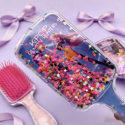 (Random 1pc) K-POP Girl Group Square Air Cushion Hair Brush, Cartoon High-Gloss Long Handle Glitter Filled Hair Brush - Cute & Fashionable Beauty Lover's Gift, Helps Detangle Hair And Massage Scalp