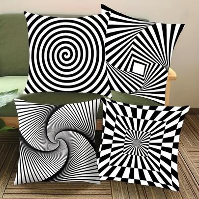 4PCS Black And White Geometric Optical Illusion Spiral & Square Print Modern Op Art Decorative Pillow Covers, Double-Sided Printed, 100% Polyester Fabric, No Pillow Core, Perfect For Adding A Warm And Inviting Atmosphere To Entryways Or Home Spaces.