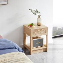 Rattan Side Table With Drawers, Modern Bedside Table, Living Room/Bedroom End Table, Natural Wood Grain Look - H 55 / W 40 / D 40 Cm - Khaki - View 5